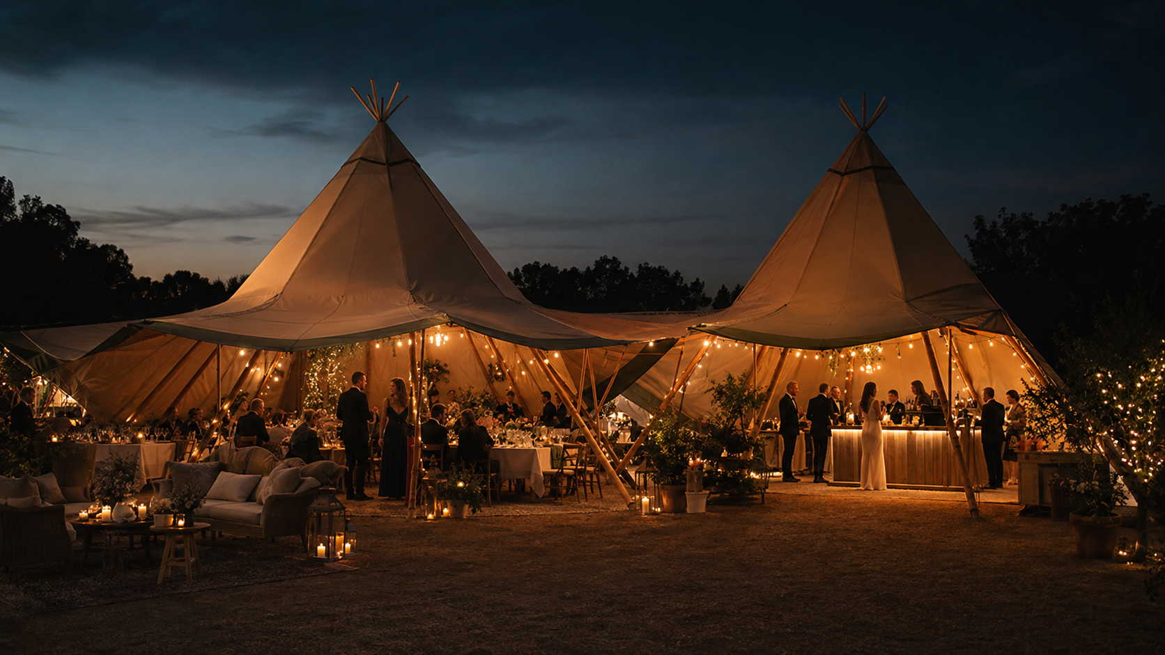 Two illuminated tipi tents hosting an elegant nighttime wedding reception with guests, dining tables, lounge seating, string lights, and a glowing bar.