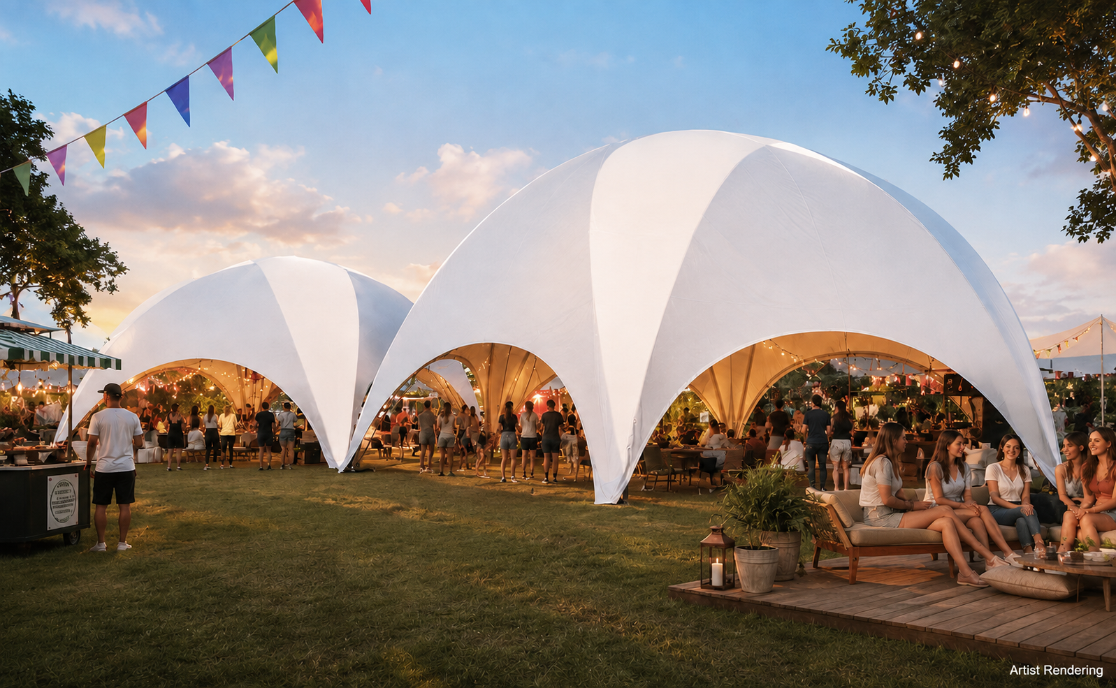 Headliner Domes event structures at an outdoor festival with guests, lounge seating, and string lights.