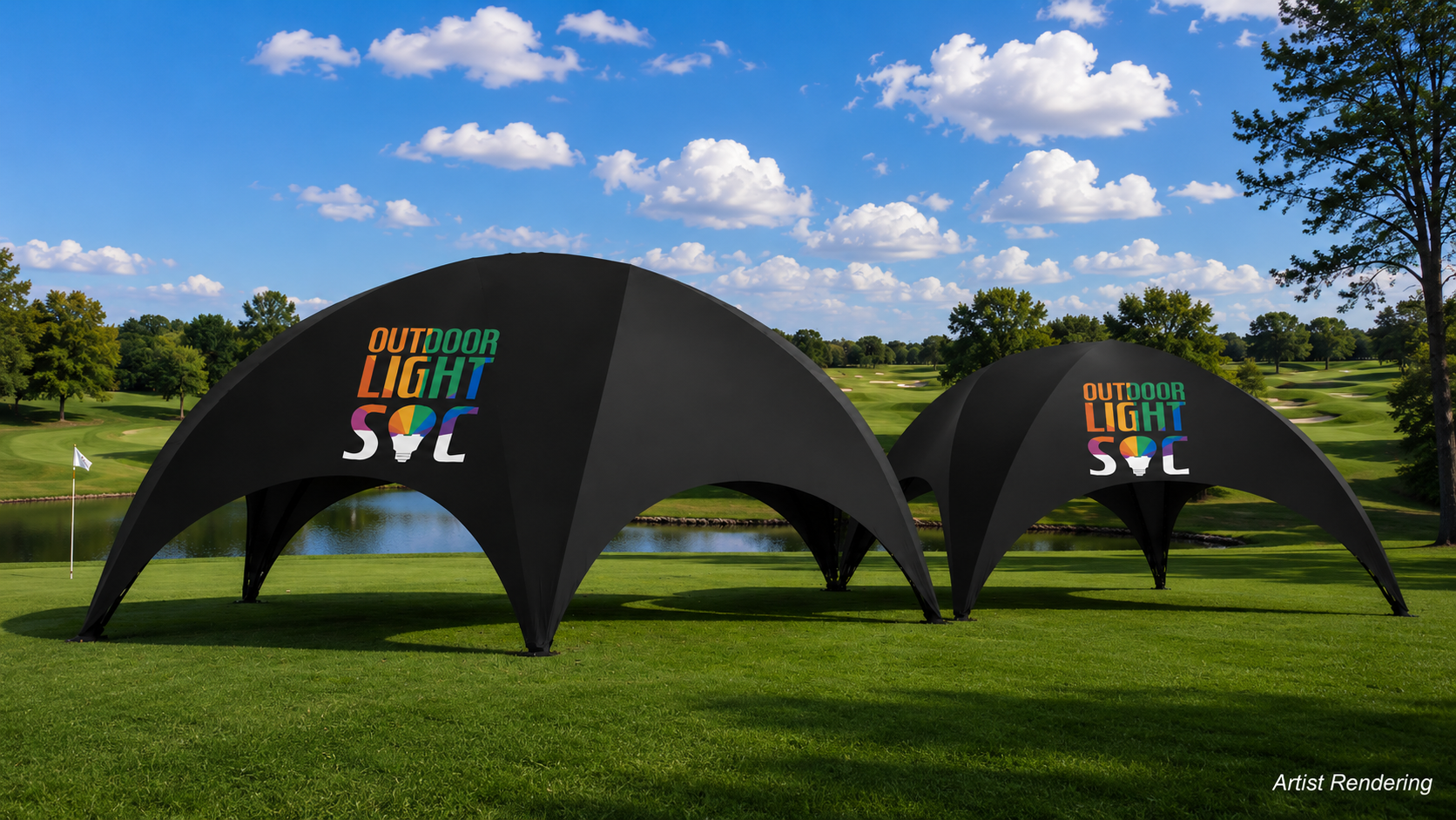 Two black Outdoor Light Soc branded event domes on a golf course, overlooking manicured fairways, a pond, trees, and a golf flag under a bright blue sky.