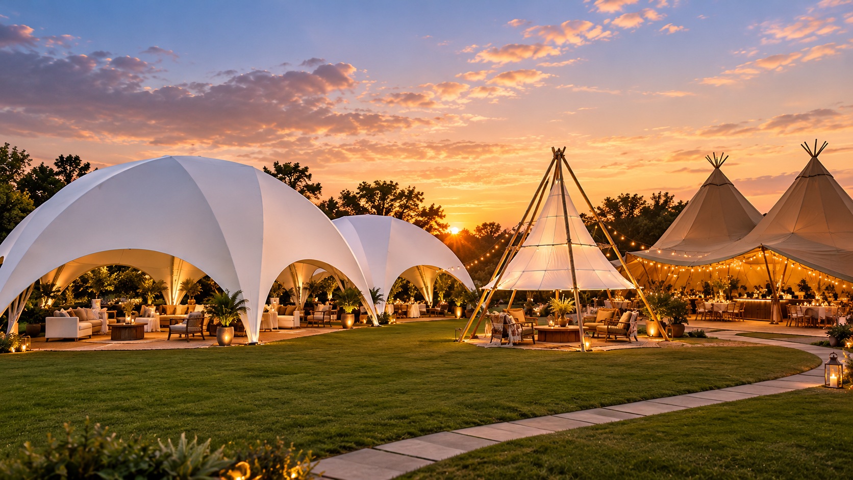 Crossover Domes, Bamboo Tipi, and Tipi Tents arranged in an elegant outdoor event setting at sunset.
